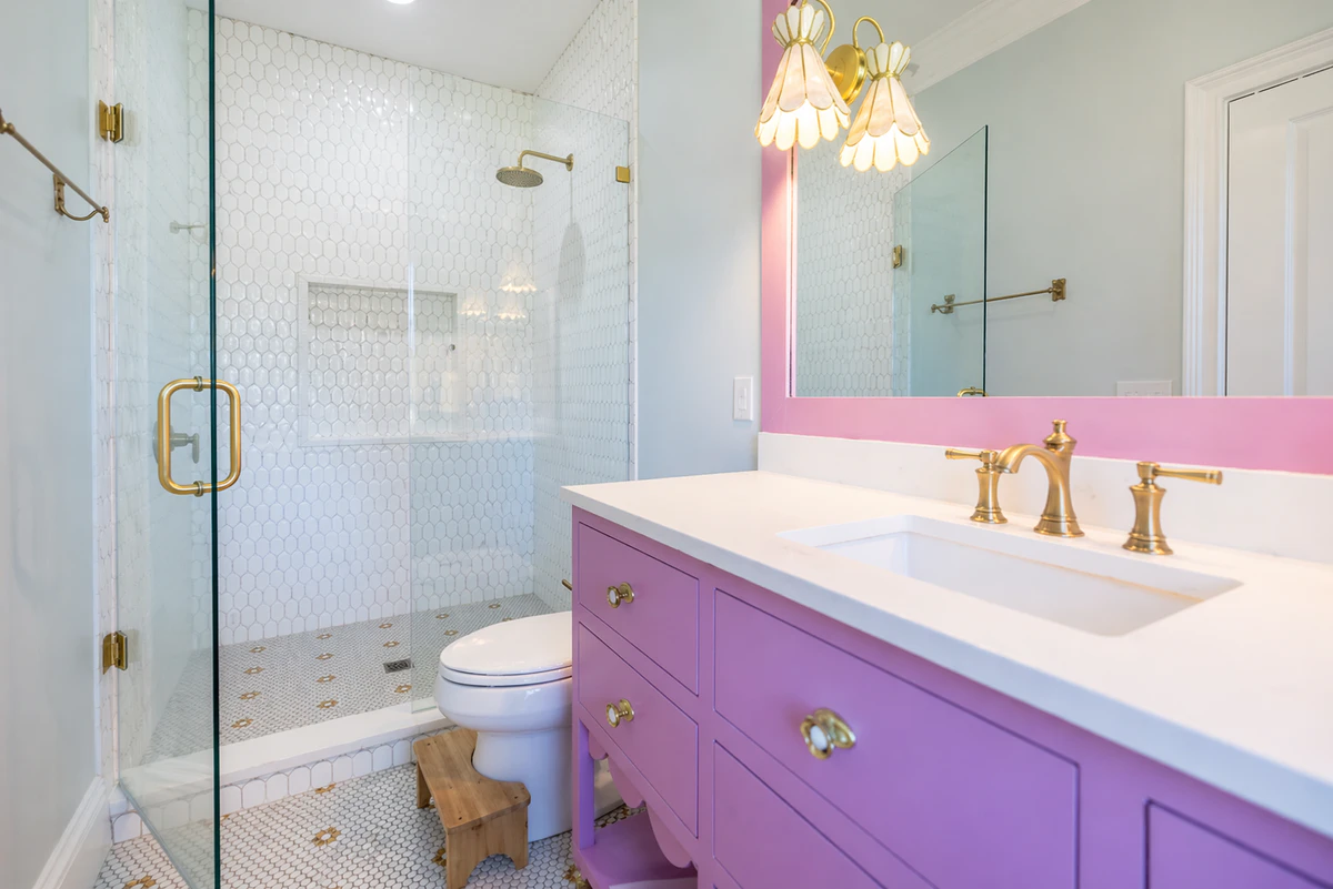 Modern bathroom interior painting with a colorful vanity — commercial finish, Bluffton SC